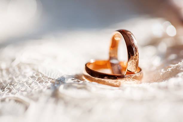 istock Golden wedding rings on lace silk fabric with buttons. 497793216