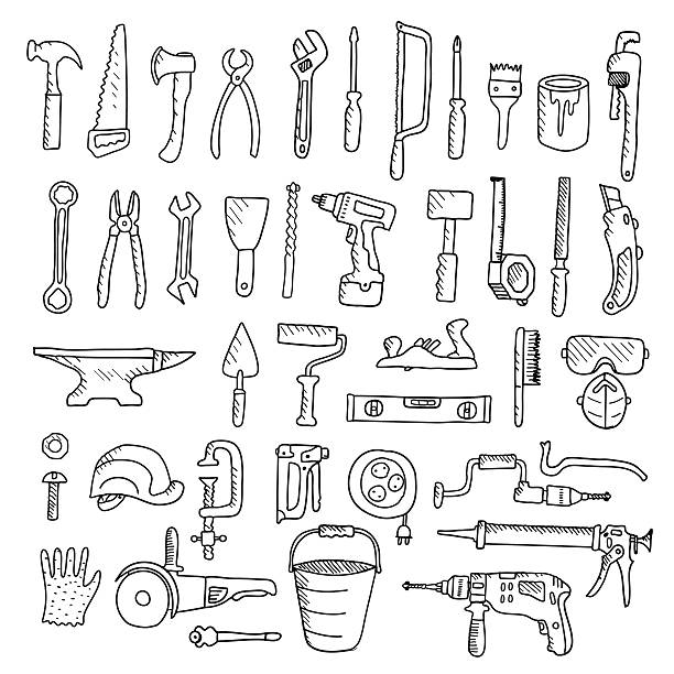 공사장 도구 컬레션-벡터 실루엣. - drill power tool work tool carpenter stock illustrations