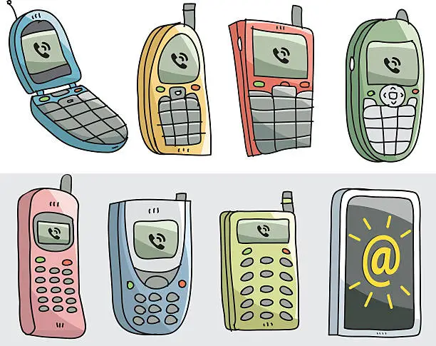 Vector illustration of sketchy old mobiles and new one