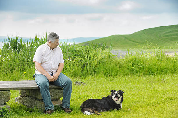 Man and dog, sitting in grassland with sea backdrop. They are looking at each other affectionately, as if having a conversation