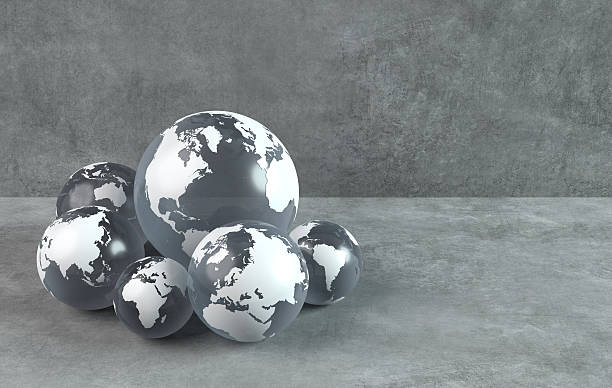 istock Earth globes with world map. Concrete gray background, copy space 497798741