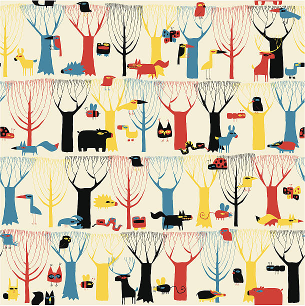 Wood Animals tapestry seamless pattern in modernistic colors vector art illustration