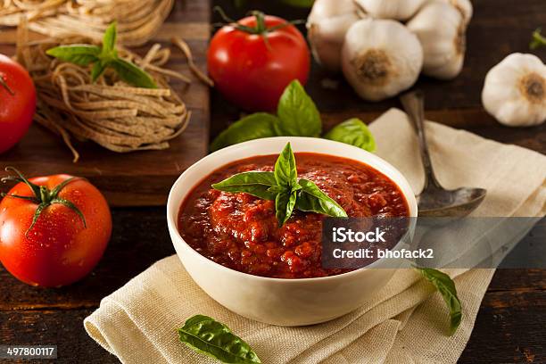 Homemade Red Italian Marinara Sauce Stock Photo - Download Image Now - Basil, Cooked, Cooking Oil