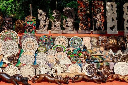 Carved wooden souvenirs sold in Mexico.