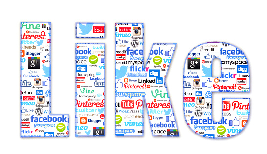 İstanbul, Turkey - November 19, 2015: Social media services icons on white paper, including YouTube, Facebook, Twitter, Pinterest, Instagram, Spotify, Vimeo, Foursquare, MySpace, Reddit, Digg, Google Plus, Last fm, Goodreads, SoundCloud; masked by letters of Like word.