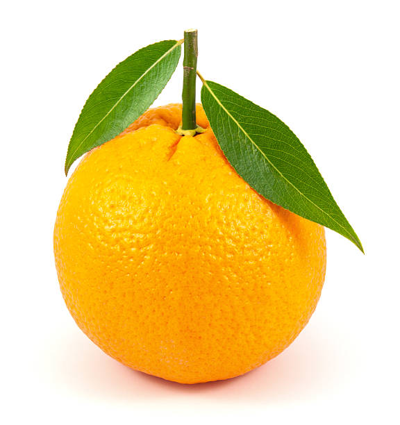 istock Ripe orange with leaves isolated on white background 497802914