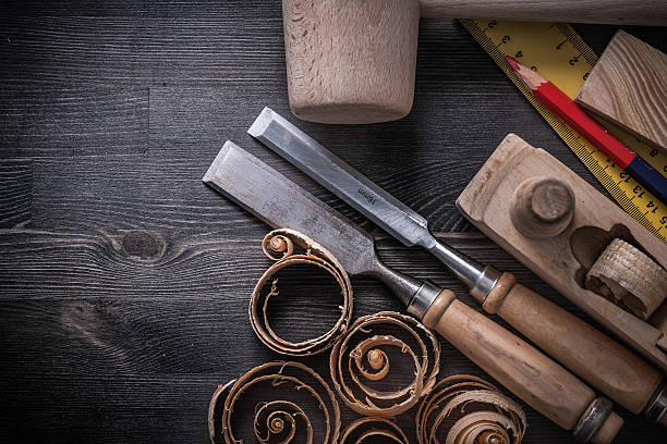 istock Composition of joiner tools on wooden board construction concept 497804092