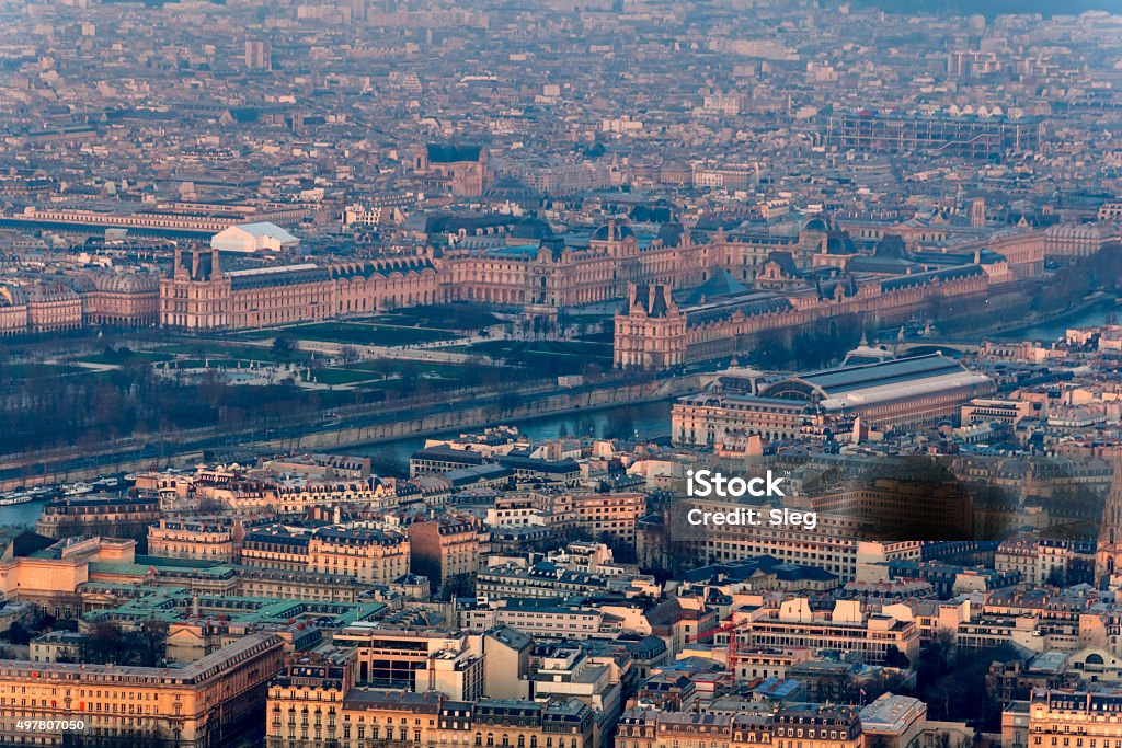 Sunset over the Louvre & the Musée d'Orsay Picture taken from the Eiffel Tower. Museum Stock Photo