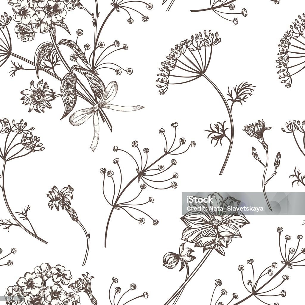 Seamless pattern with herbs. Seamless vintage pattern with herbs, flowers and plants. Herbal background. Dill stock vector