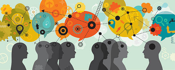 People 3D Thinking Mind Mapping Linear Landscape vector illustration is showing a team using a diagram to visually organize information. Mind map is a graphic technique for visualizing connections between several ideas or pieces of information and it is represented as a central concept, and other ideas branch out of those (concept known as a spider diagram). Mind mapping is used in note taking, brainstorming, problem solving, and project planning. Its purpose is to focus attention, and to capture and frame knowledge to facilitate sharing of ideas and concepts. Illustration is nicely layered and it is easy for editing. woman doing jigsaw puzzle stock illustrations