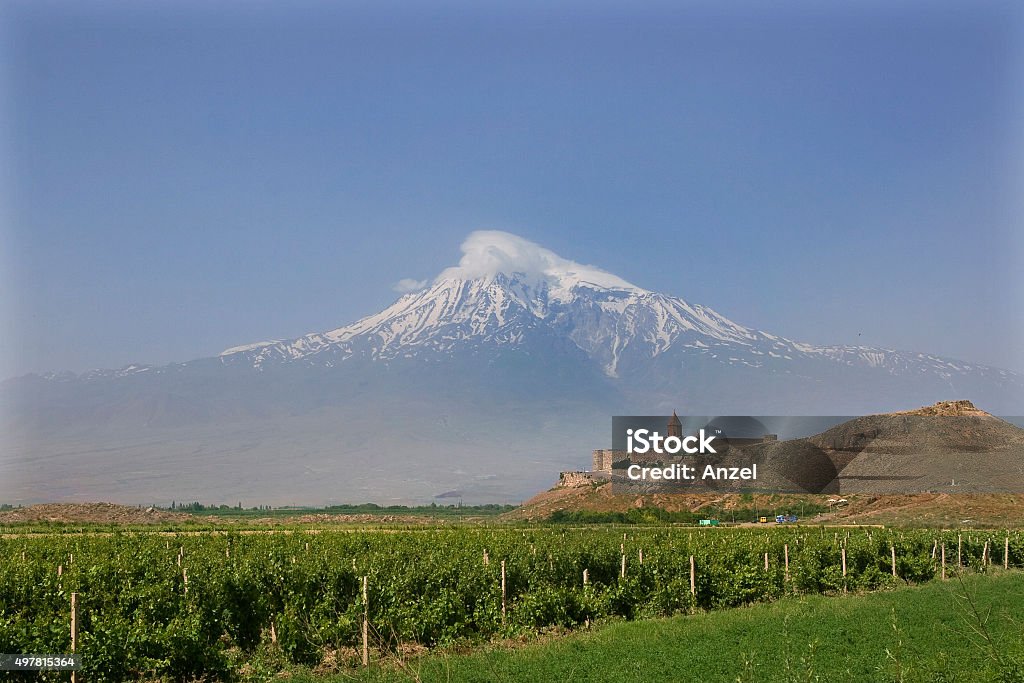 Mt Ararat A historical view of the mountain Ararat from Armenia, monastery Khor Virap and vineyards Armenia - Country Stock Photo