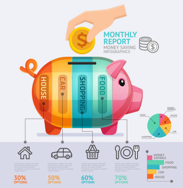 oszczędzania pieniędzy miesięczny raport infographics wzór. - finance data analyzing investment stock illustrations