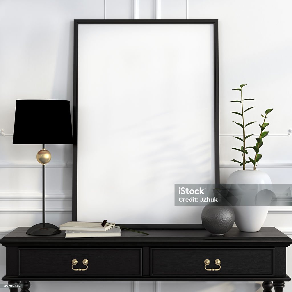 Mock up poster on the black desk with gold decoration Mock up poster on the black desk with a black lamp, white vase and gold decoration Backgrounds Stock Photo
