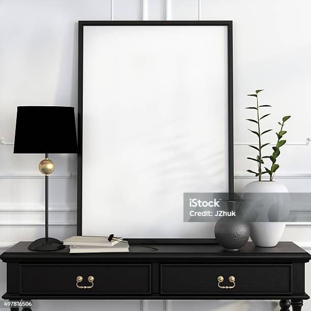 Mock Up Poster On The Black Desk With Gold Decoration Stock Photo - Download Image Now