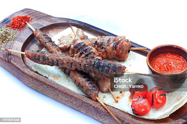Grilled Meatballs And Chicken Shish Kebab Stock Photo - Download Image Now - 2015, Bamboo - Material, Celery