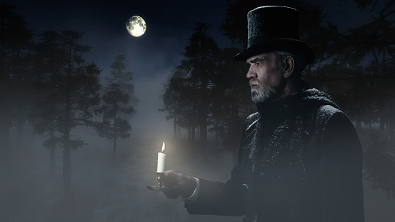 Dickens Scrooge Man with Candlestick Walking in Winter Forest at Moonlight.
