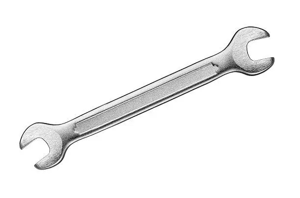 Close up of a silver wrench isolated on white background