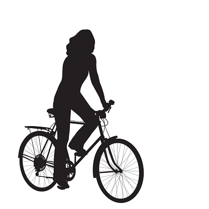 A vector silhouette illustration of a young woman riding a bicycle.