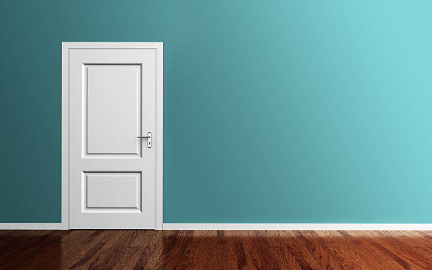 istock Interior of a blue room with white door 3d render 497830546