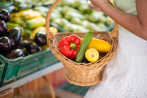 Woman holding wicker basket while buying vegetables in farm produce market, close-up.