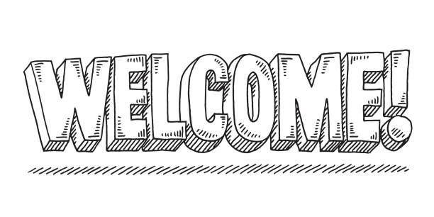ilustrações de stock, clip art, desenhos animados e ícones de desenho de texto de boas-vindas - line art welcome sign white black