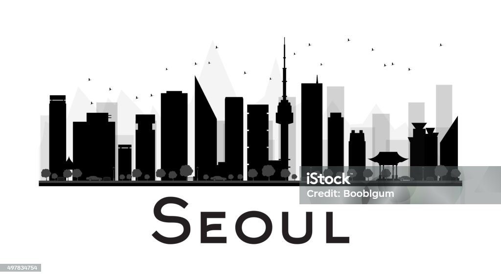 Seoul City skyline black and white silhouette Seoul City skyline black and white silhouette. Vector illustration. Concept for tourism presentation, banner, placard or web site. Business travel concept. Cityscape with famous landmarks Seoul stock vector