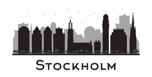 sztokholm skyline czarny i biały sylwetkę. - stockholm silhouette sweden city stock illustrations