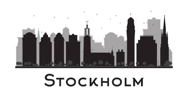 ilustrações, clipart, desenhos animados e ícones de o horizonte de estocolmo silhueta em preto e branco. - stockholm silhouette sweden city