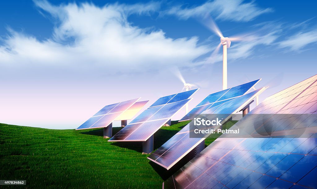 Renewable energy concept Renewable energy concept - photovoltaic with wind turbines in fresh nature Solar Energy Stock Photo