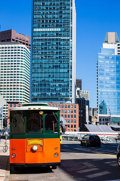 Boston, USA - June 15, 2019: Bus of the Massachusetts Bay Transportation Authority driving around in downtown Boston.