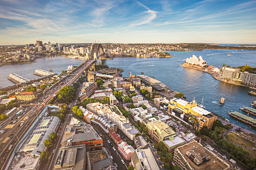 Elevated panorama of Sydney at sunset with the opera house and harbour bridge in the background.