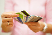 woman choose one credit card, concept of  credit  debt