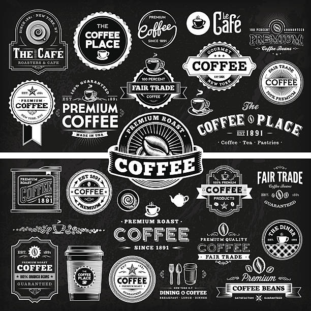 ilustrações de stock, clip art, desenhos animados e ícones de chalkboard café rótulo megaset - coffee cup coffee cup coffee bean