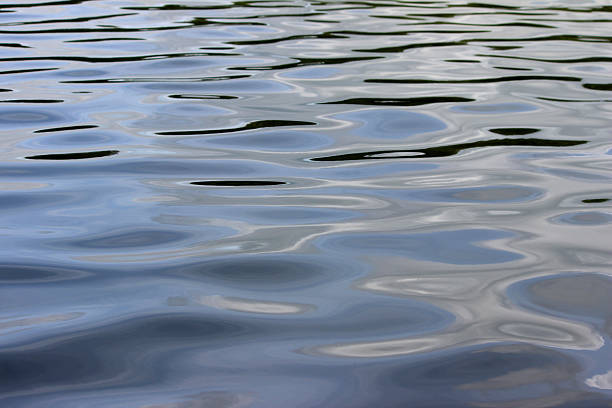 Photo showing the water ripples on the surface of a large lake, reflecting the blue sky and appearing rather like a big pool of black crude oil.