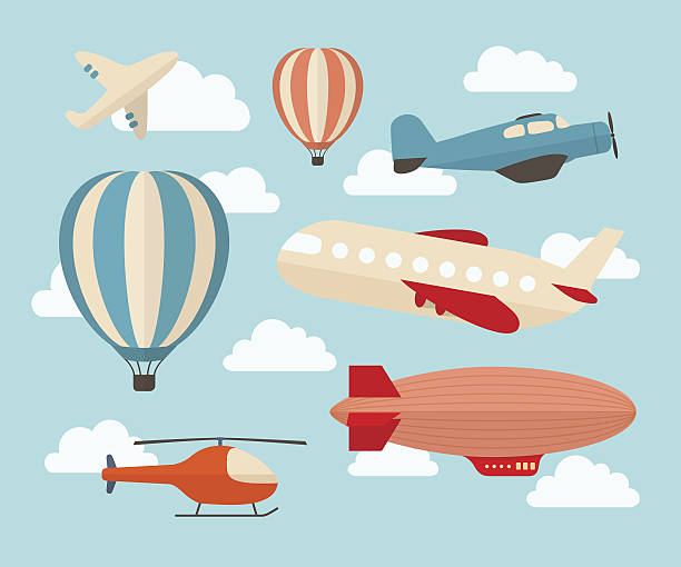 ilustraciones, imágenes clip art, dibujos animados e iconos de stock de conjunto de colorido plana de los transportes de aire - globo-dirigible