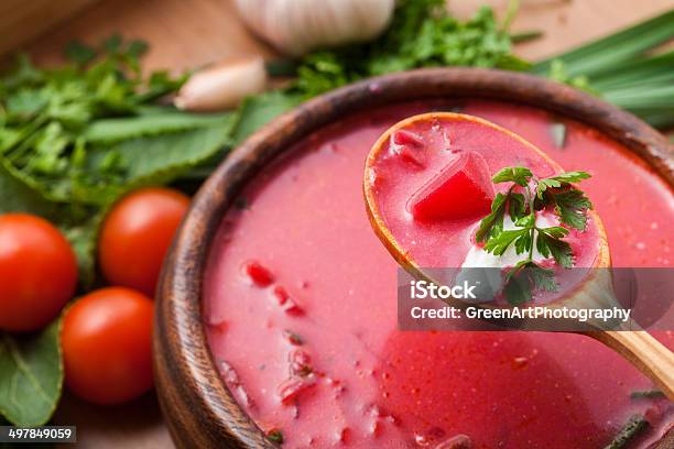 Borsch In A Wooden Plate Stock Photo - Download Image Now - Carrot, Purple, Soup