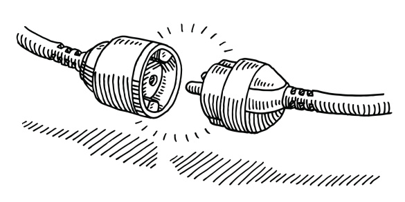 Hand-drawn vector drawing of an Unplugged Power Cable. Black-and-White sketch on a transparent background (.eps-file). Included files are EPS (v10) and Hi-Res JPG.