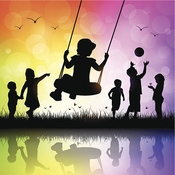 ilustraciones, imágenes clip art, dibujos animados e iconos de stock de happy niños jugando - swing child silhouette swinging