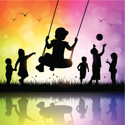 Vector illustration silhouettes of happy children playing. EPS 10 file with transparencies effects. Gradient mesh used. Hi-Res jpg included.