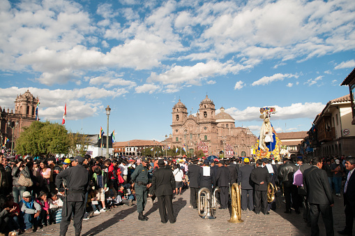 Cusco, Peru - June 23, 2011: Locals celebrate Corpus Christi festival in the old city main square.