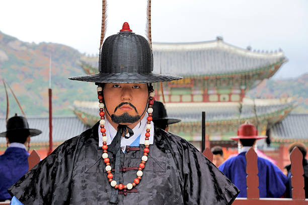 armati di guardia al palazzo di deoksugung, seul, corea del sud - seoul honor guard horizontal front view foto e immagini stock