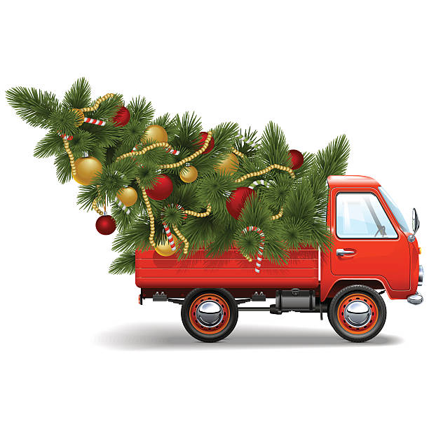vektor rot weihnachten truck - christmas tree bead humor stock-grafiken, -clipart, -cartoons und -symbole