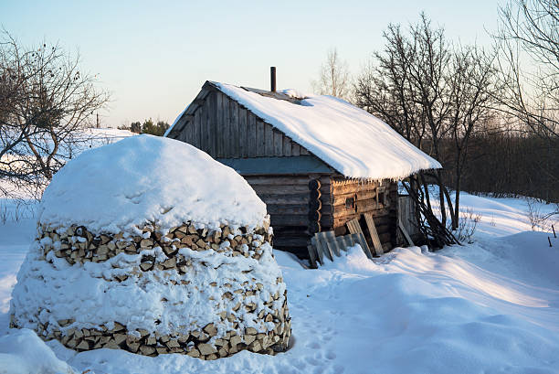 Stack of firewood against russian banya (banja).