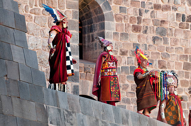 Inti Raymi Festival. Religion and tradition, Inca. Cusco, Peru. Cusco, Peru - June 24, 2011: Celebration of Inti Raymi by the locals at the Haukaypata plaza (Cusco main square). The Inti Raymi ("Festival of the Sun") is a religious ceremony of the Inca Empire in honor of the god Inti, one of the most venerated deities in Inca religion. inti raymi stock pictures, royalty-free photos & images