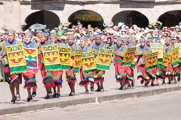 Inti Raymi Festival. Religion and tradition, Inca. Cusco, Peru. Cusco, Peru - June 24, 2011: Celebration of Inti Raymi by the locals at the Haukaypata plaza (Cusco main square). The Inti Raymi ("Festival of the Sun") is a religious ceremony of the Inca Empire in honor of the god Inti, one of the most venerated deities in Inca religion. inti raymi stock pictures, royalty-free photos & images