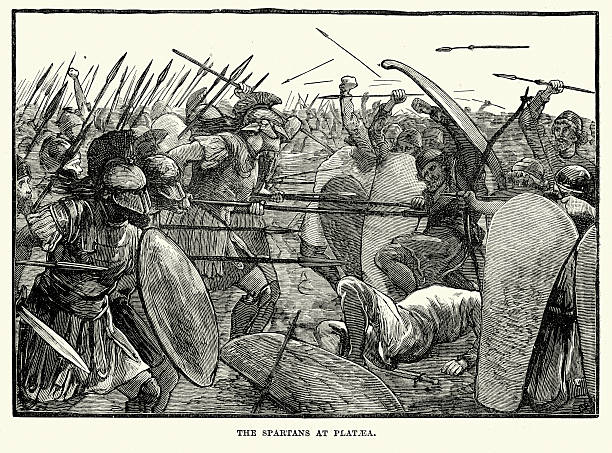 Ancient Greece - Spartans at the Battle of Plataea Vintage engraving of Spartans warriors at the Battle of Plataea. The Battle of Plataea was the final land battle during the second Persian invasion of Greece. It took place in 479 BC near the city of Plataea in Boeotia, and was fought between an alliance of the Greek city-states, including Sparta, Athens, Corinth and Megara, and the Persian Empire of Xerxes I. sparta greece stock illustrations