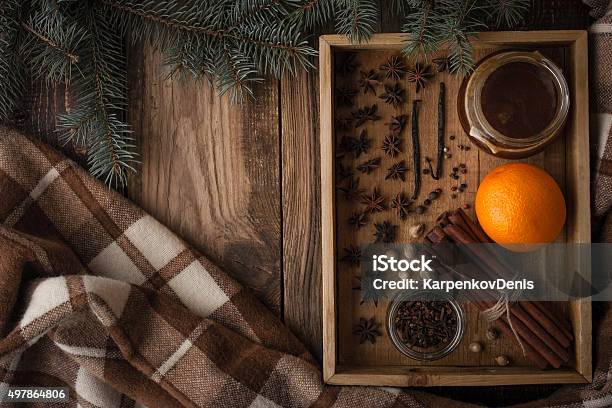 Orange Honey And Spices On Wooden Tray With Plaid Horizontal Stock Photo - Download Image Now
