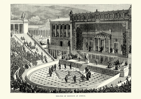 Vintage engraving of the Ancient Theatre of Dionysus, Athens. The Theatre of Dionysus Eleuthereus is a major open-air theatre and one of the earliest preserved in Athens. It was used for festivals in honor of the god Dionysus. Greek theaters in antiquity were in many instances of huge proportions but, under ideal conditions of occupancy and weather, the acoustical properties approach perfection by modern test.