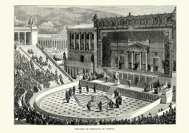 Ancient Greece - Theatre of Dionysus, Athens Vintage engraving of the Ancient Theatre of Dionysus, Athens. The Theatre of Dionysus Eleuthereus is a major open-air theatre and one of the earliest preserved in Athens. It was used for festivals in honor of the god Dionysus. Greek theaters in antiquity were in many instances of huge proportions but, under ideal conditions of occupancy and weather, the acoustical properties approach perfection by modern test. amphitheater stock illustrations