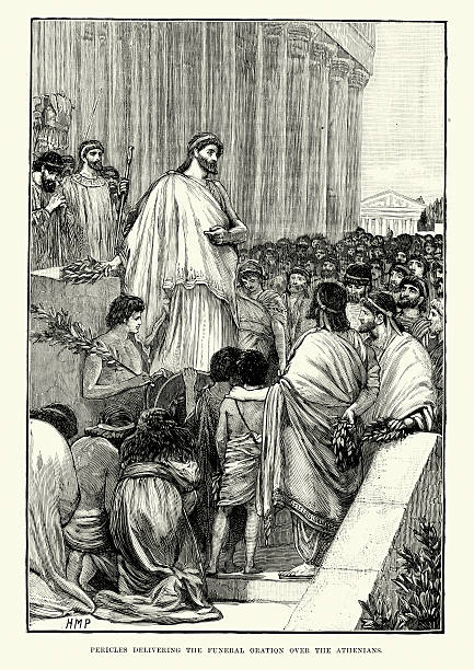 Pericles delivering the funeral oration over Athenians Vintage engraving of Pericles delivering the funeral oration over the Athenians. Pericles, c. 495 to 429 BC, was arguably the most prominent and influential Greek statesman, orator and general of Athens during the Golden Age greco stock illustrations